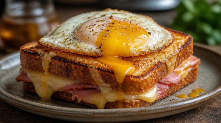 Luxusní sendvič Croque Madame: Zapečený sýrový toast doplněný o dokonale tekuté volské oko