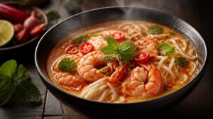 Malajská kokosová polévka Laksa s krevetami a nudlemi