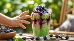Matcha ledová tříšť s borůvkovým sirupem: Barevný letní drink, který bude bavit hlavně děti