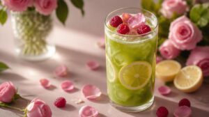 Matcha limonáda s růžovou vodou a malinami: Elegantní a romantický drink s jemným květinovým podtónem