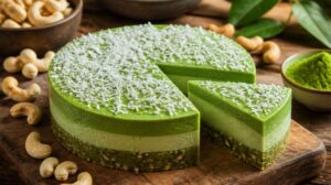 Matcha raw dort s kešu oříšky a kokosem