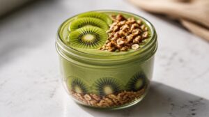 Matcha smoothie bowl do skleničky s granolou a kiwi: Hustý lžičkový nápoj, který nahradí rychlou snídani