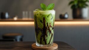 Mátové Iced Matcha Latte s čokoládovým sirupem: Dokonalá tekutá verze slavných bonbónů After Eight