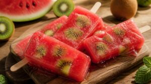 Melounové nanuky z čerstvého vodního melounu s kousky kiwi