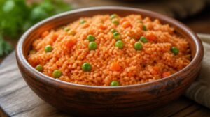 Mexická červená rýže Arroz Rojo s rajčatovým pyré, hráškem a mrkví