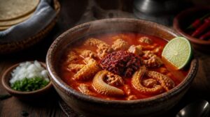 Mexická dršťková polévka Menudo s chilli pastou a limetkou na ranní vyproštění