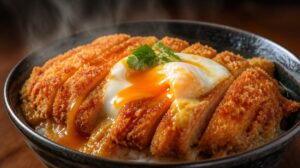 Mísa rýže s vepřovým řízkem Tonkatsu a vejcem (Katsudon)