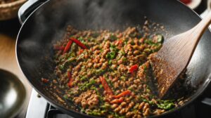 Mleté maso s thajskou bazalkou, chilli a česnekem (Pad Kra Pao)
