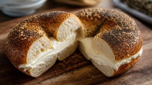 Montrealský bagel sypaný mákem a sezamem potřený krémovým sýrem