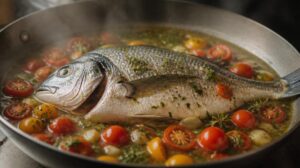 Mořská ryba pečená v bláznivé vodě (pesce all acqua pazza)