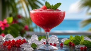Mražené rybízové daiquiri s mátou: Kyselkavý ledový koktejl z červeného rybízu, rumu a drceného ledu
