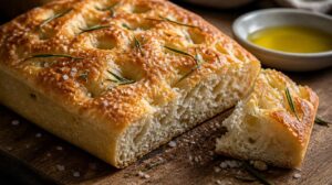 Nadýchaná italská focaccia s mořskou solí a rozmarýnem