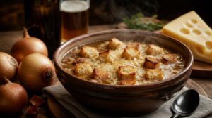 Německá pivní polévka Biersuppe s krutony a sýrem ementál