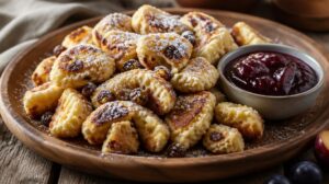 Německé nadýchané lívance Kaiserschmarrn s rozinkami a švestkovým povidlím