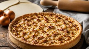 Německý cibulový koláč Zwiebelkuchen se slaninou a smetanou