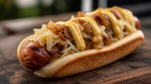 Newyorský Hot Dog s kysaným zelím, hořčicí a cibulovým relishem