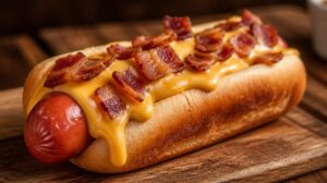 Newyorský hot dog se sýrovou omáčkou a restovanou slaninou