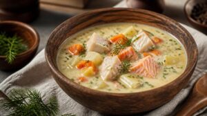 Norská rybí polévka Fiskesuppe se smetanou, treskou, lososem a zeleninou