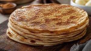 Norské bramborové placky Lefse potřené máslem a skořicovým cukrem