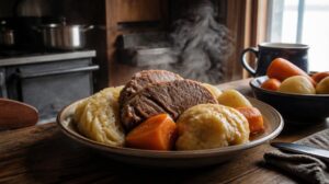 Novofundlandská večeře Jiggs Dinner — vařené hovězí maso se zeleninou a knedlíkem