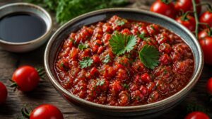 Ostrý rajčatový dip Ezme s chilli, petrželkou a granátovou melasou