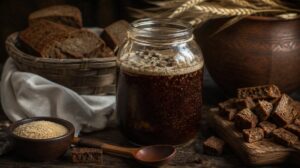 Osvěžující domácí chlebový kvas — fermentovaný nápoj z tmavého chleba