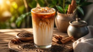 Osvěžující Iced Chai Latte s espresem (Dirty Chai): Pikantní letní drink s vůní skořice, hřebíčku a černého čaje