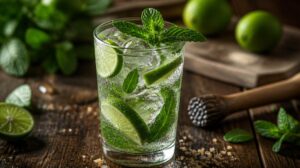 Osvěžující koktejl Mojito s bílým rumem, limetkou, cukrem a čerstvou mátou