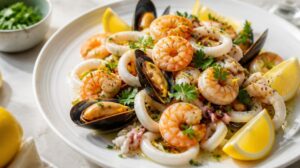 Osvěžující letní salát s dary moře (Salata od plodova mora): Krevety, slávky a olihně s citronovou zálivkou
