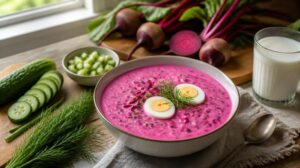 Osvěžující litevský růžový boršč Šaltibarščiai z podmáslí, řepy a okurky