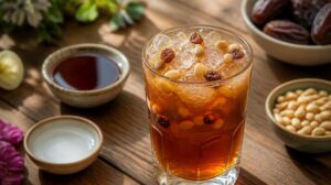Osvěžující nápoj Jallab: Tradiční libanonský letní drink z datlového sirupu, růžové vody a piniových oříšků