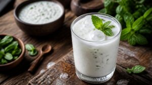 Osvěžující slaný jogurtový nápoj Ayran s ledem a špetkou máty