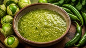 Osvěžující zelená salsa Verde z vařených tomatillos a zeleného chilli