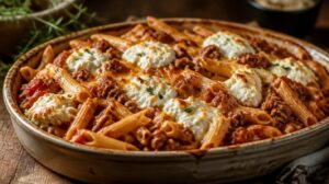 Pečené penne s mletým masem, rajčaty a sýrem ricottou