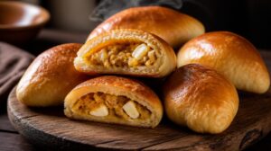 Pečené pirožky na slano s náplní z dušeného zelí a vařeného vejce