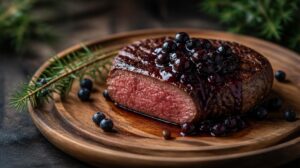 Pečený jelení steak s borůvkovou omáčkou a jalovcem
