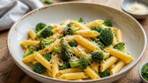 Penne s restovanou brokolicí, česnekem a parmazánem