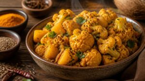 Pikantní brambory s květákem a indickým kořením (Aloo Gobi)
