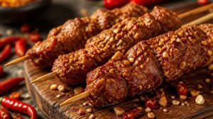 Pikantní hovězí špízy Suya obalené v drcených arašídech a pálivém chilli