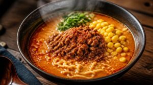 Pikantní japonský Miso Ramen s mletým masem a kukuřicí