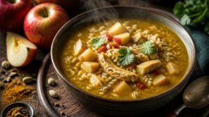 Pikantní kuřecí polévka Mulligatawny s kari, rýží a jablky