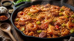 Pikantní rýžová směs Jambalaya s mořskými plody a řapíkatým celerem