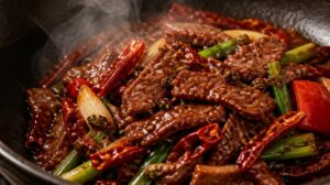 Pikantní sečuánské hovězí maso se sušeným chilli a sečuánským pepřem