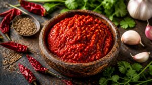 Pikantní severoafrická chilli pasta Harissa s římským kmínem a česnekem
