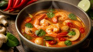 Pikantní thajská polévka Tom Yum s krevetami a houbami