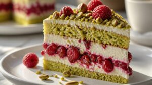 Pistáciový dort s malinovým vkladem a mascarpone