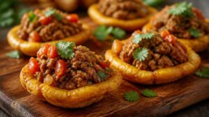 Plantejnové mističky Tostones Rellenos plněné kořeněným mletým masem Picadillo
