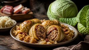 Plněná kapusta Töltött káposzta s mletým masem, rýží a uzeným bůčkem