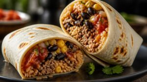 Poctivé Burrito s hovězím masem, rýží, fazolemi, kukuřicí a salsou zavinuté v tortille