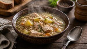 Pohanková polévka Hrečanyj sup s kuřecím masem a bramborami